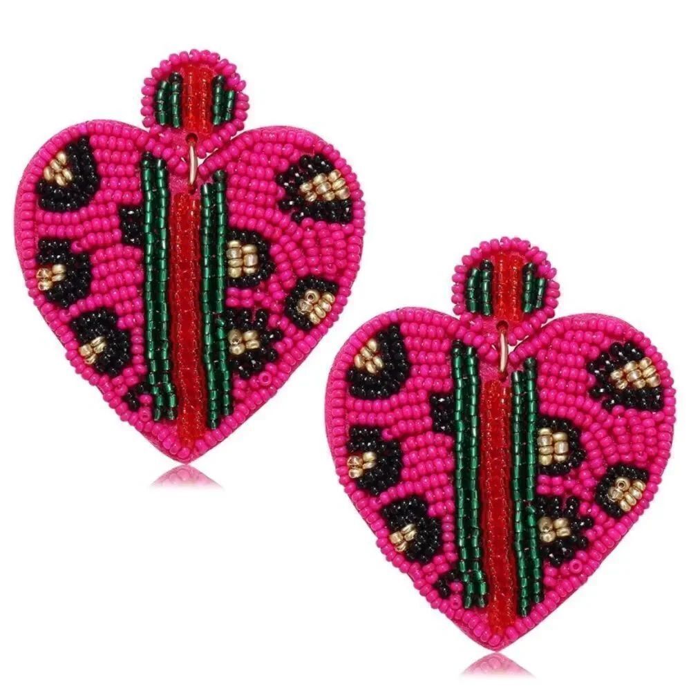 Pink and Multicolor Beaded Boho Heart Leopard Print Dangling Post Back Earrings